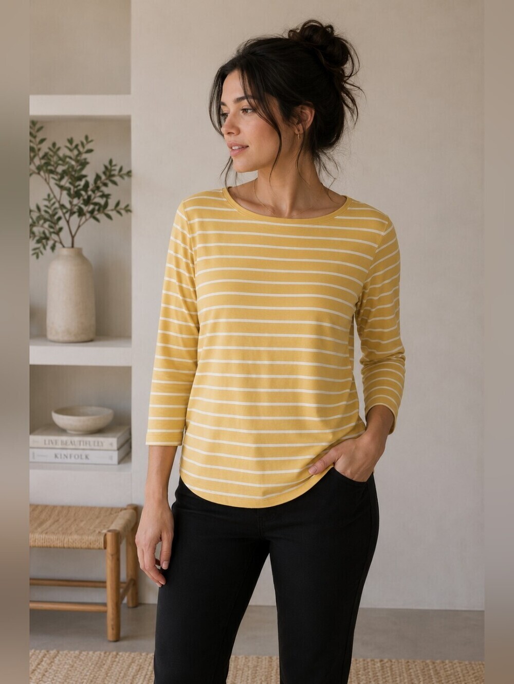 Pink Tartan Yellow White Striped 3/4 Sleeve Tee Shirt M NEW